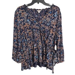 Lucky Brand Boho Navy Paisley Faux Wrap Peplum Blouse Long Sleeve Ruffle Neck XL